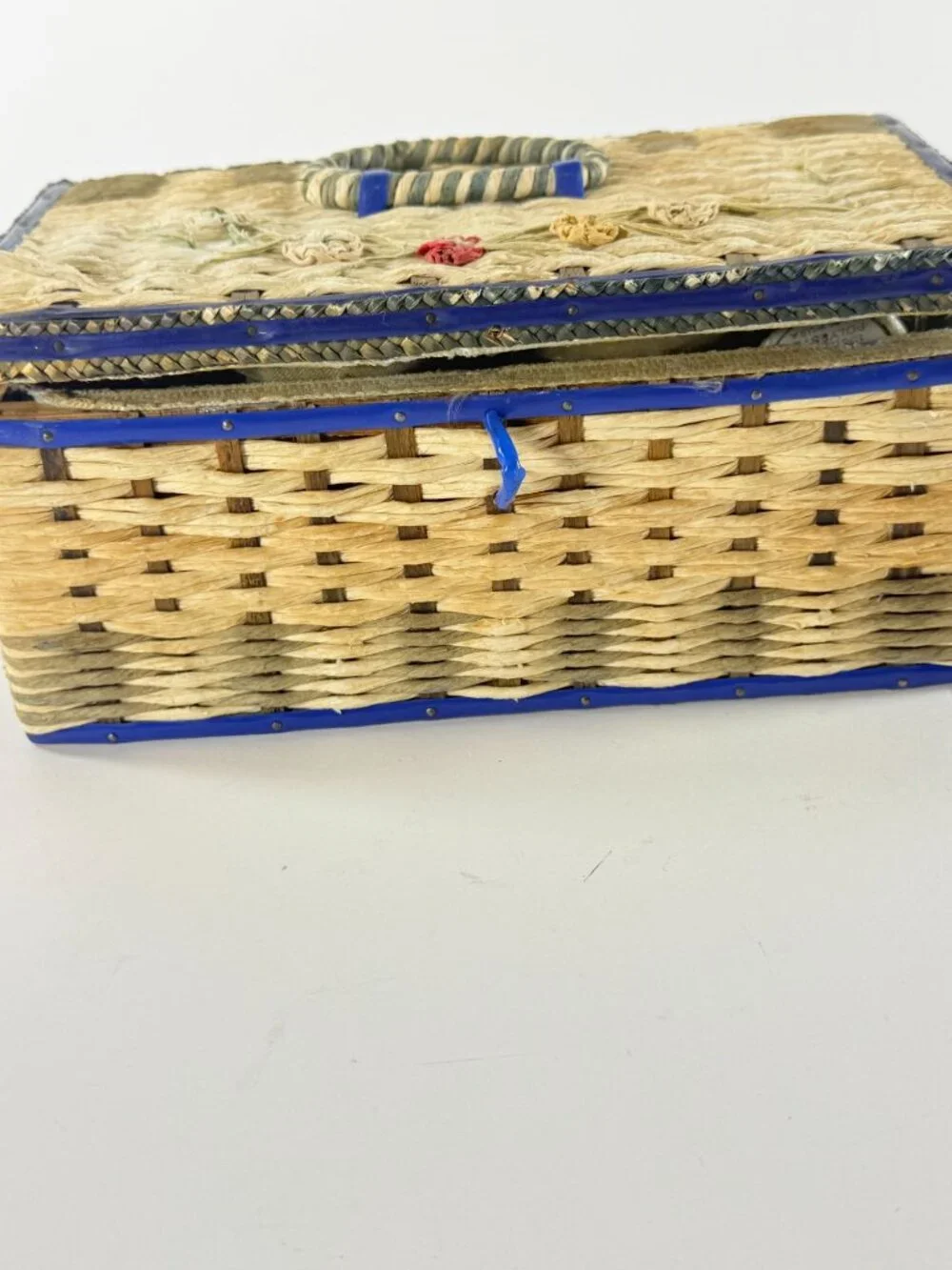 Vintage Woven Sewing Basket With Blue Satin Interior & Assorted Threads